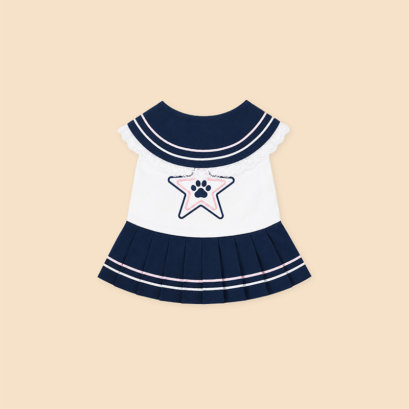 Vestido de perro plisado con estrella azul marino Elegante ropa informal para mascotas