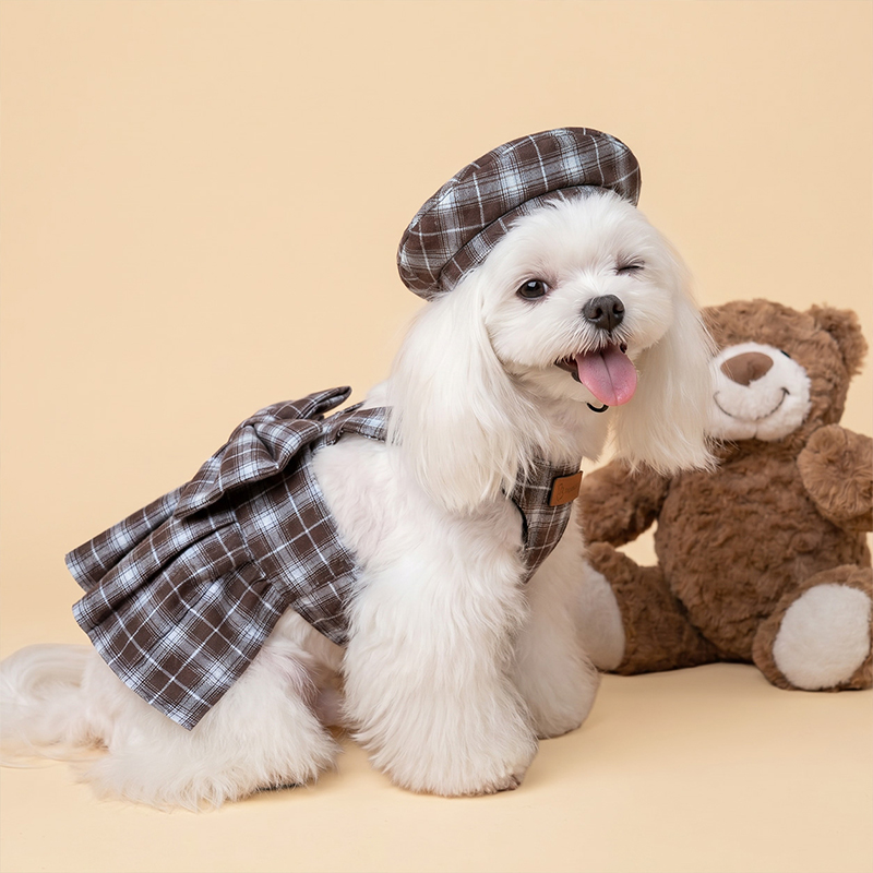 Vestido de perro con lazo de cuadros, bonito atuendo de verano para mascotas