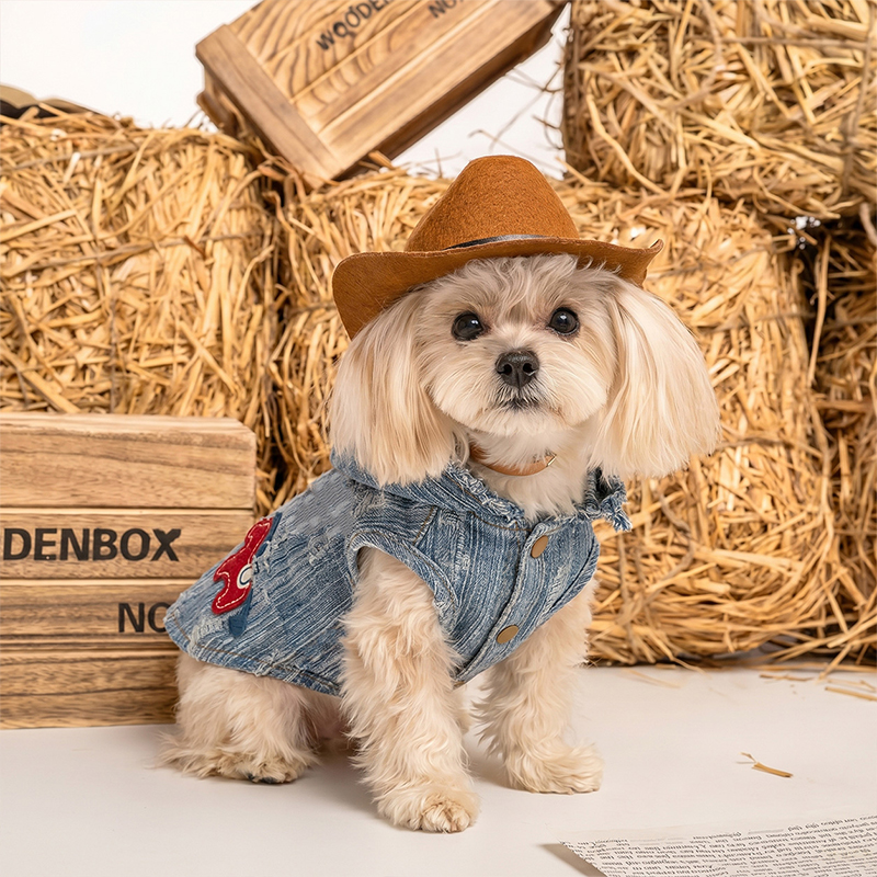 Chaleco vaquero bordado con bordes crudos para mascotas informales y desgastadas
