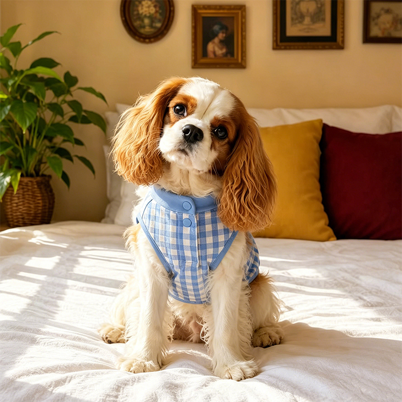 Chaleco para mascotas Gingham azul ligero transpirable para perros de verano
